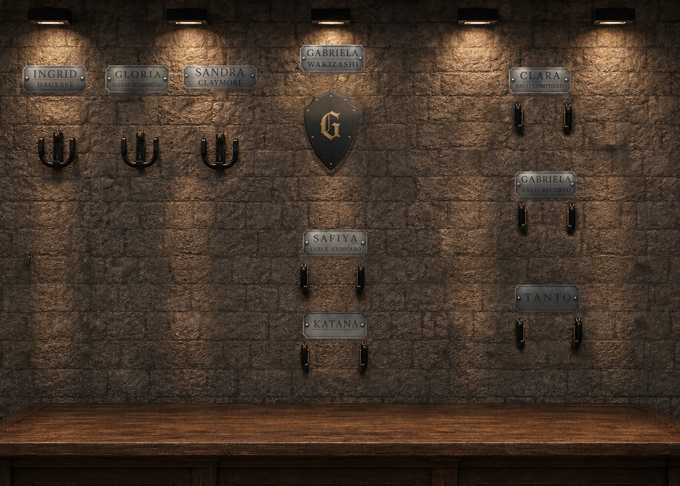 Pared de piedra de la armería con soportes y placas