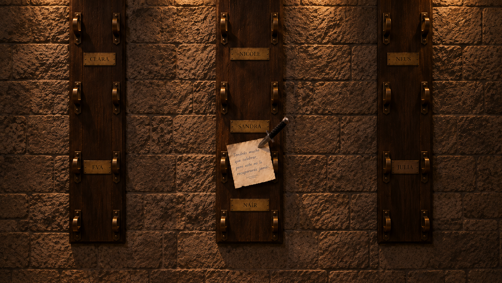 Soportes vacíos de las espadas de las Guardianas con una nota clavada bajo la placa de Sandra