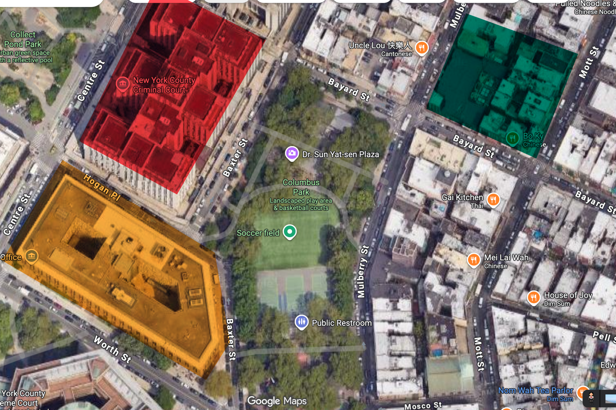Mapa aéreo de Chinatown con las posiciones de la emboscada señaladas en naranja, rojo y verde
