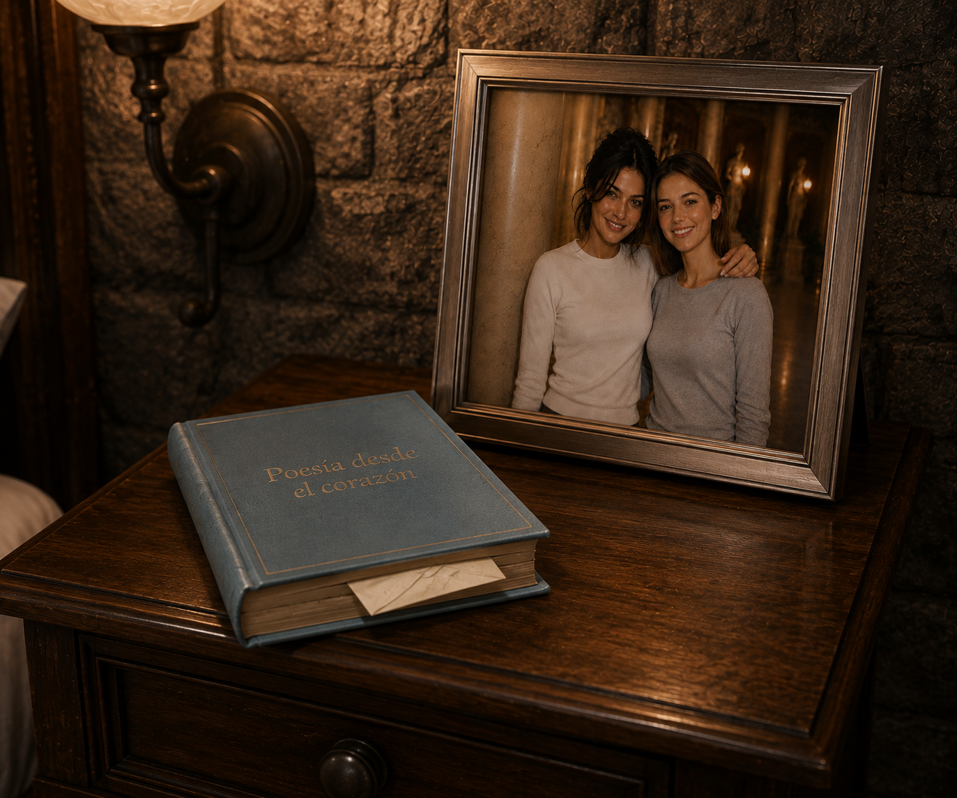 Mesilla de Gabriela con una fotografía de dos amigas y el libro Poesía desde el corazón, con un sobre entre sus páginas