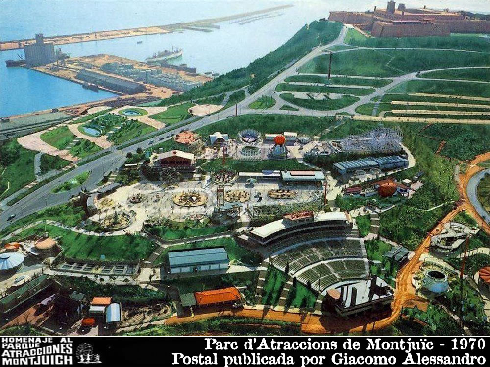 Vista aérea histórica del Parque de Atracciones de Montjuïc en 1970