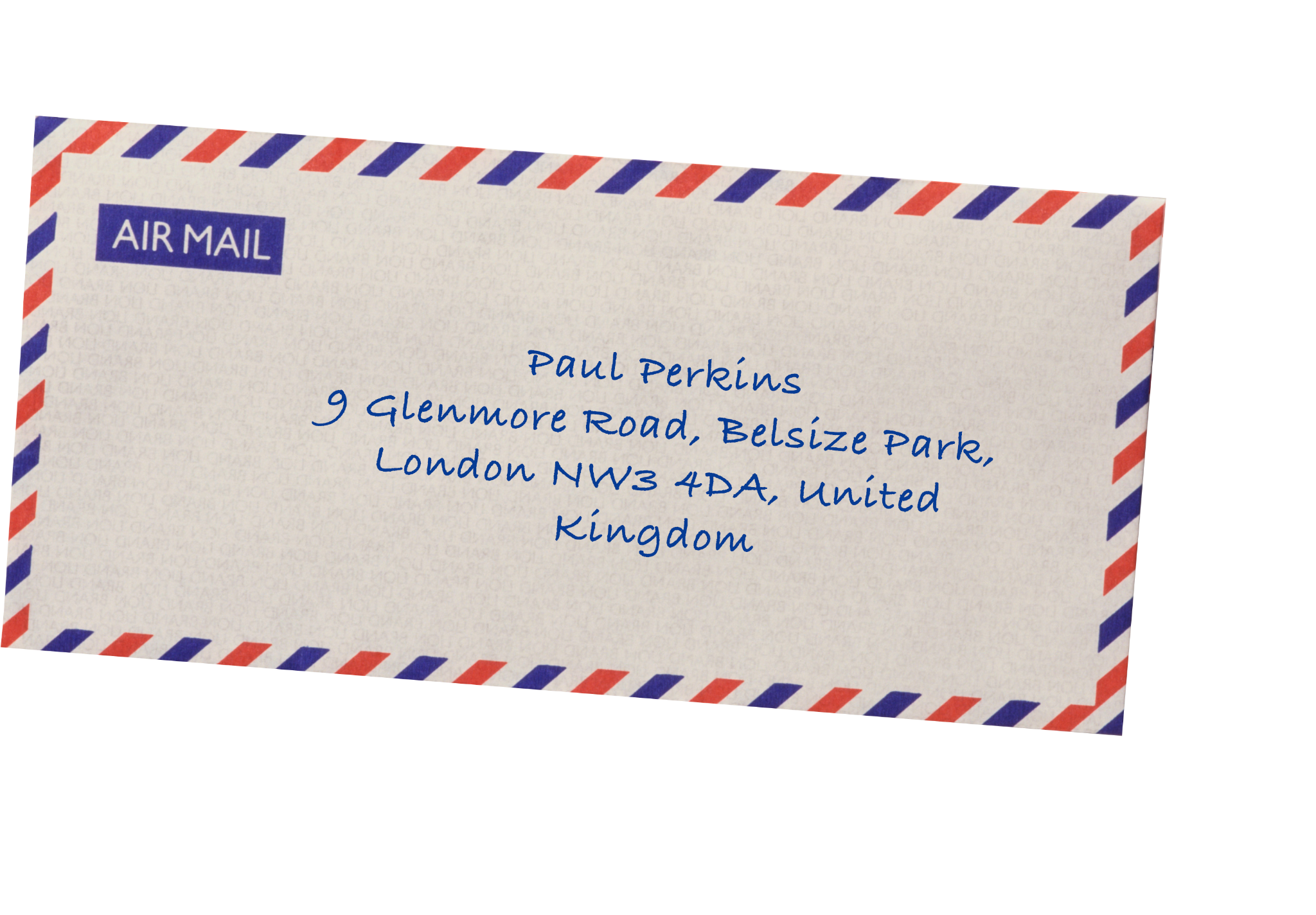 Sobre de correo aéreo dirigido a Paul Perkins, 9 Glenmore Road, Belsize Park, London NW3 4DA, United Kingdom