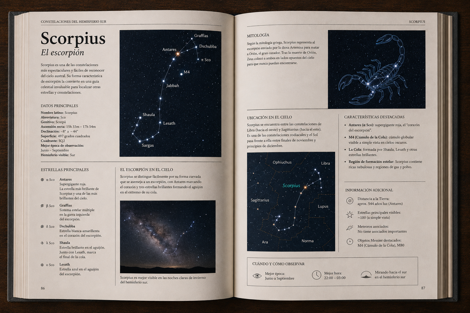 Libro moderno abierto con información sobre la constelación de Scorpius