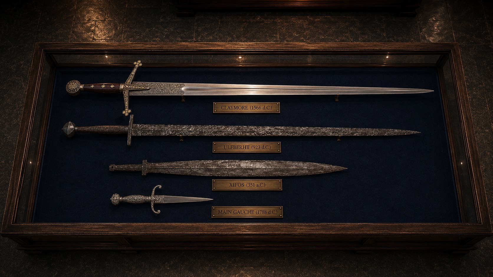 Vitrina de reliquias de la Orden con una claymore de 1566, una Ulfberht de 923, un xifos de 351 a.C. y una main gauche de 1788